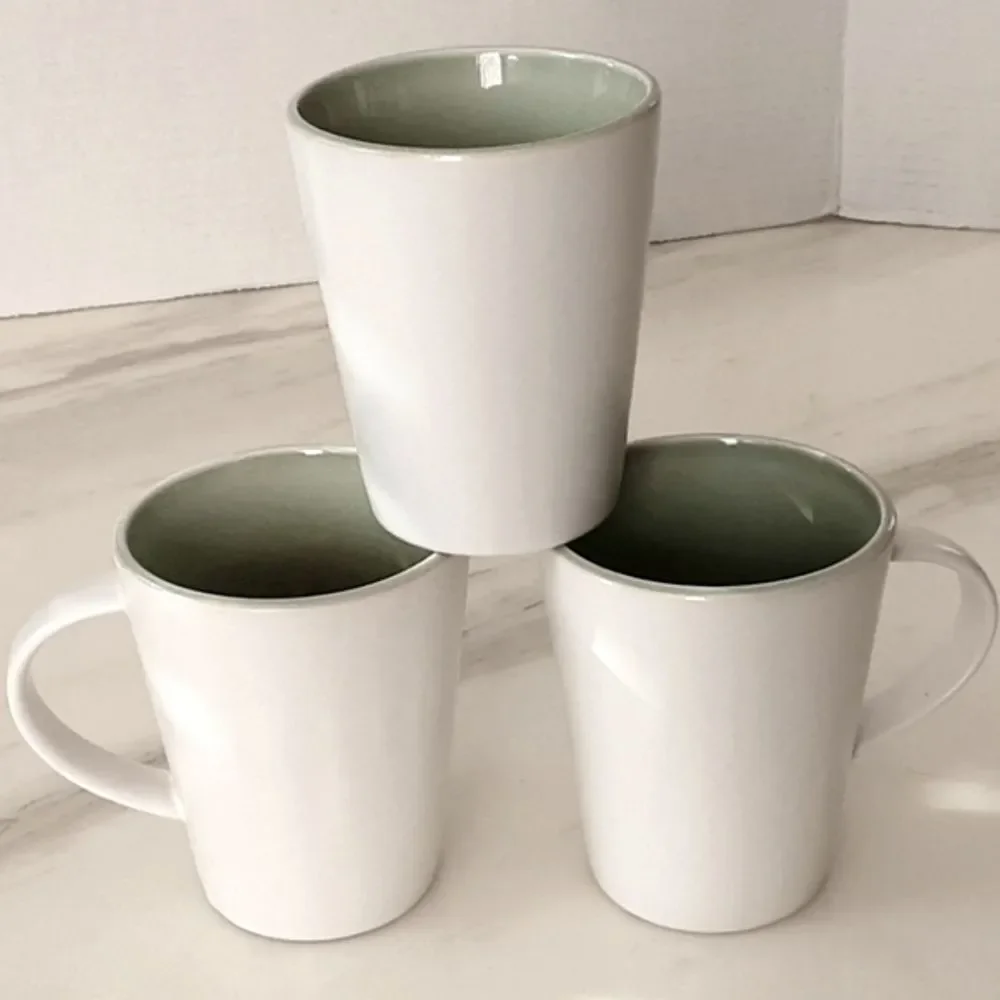 3 PIER 1 IMPORTS DUSK JADE Crackle Green Smooth White Stoneware Coffee Mugs